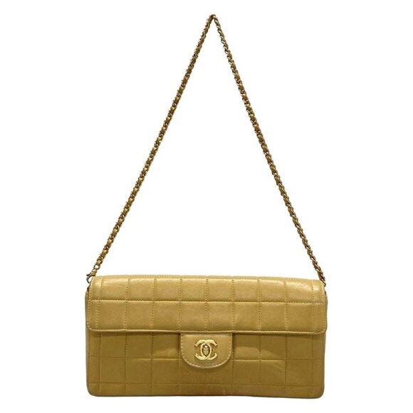 Auth CHANEL Chocolate Bar Beige Lambskin Shoulder Bag Gold hardware - Picture 1 of 15